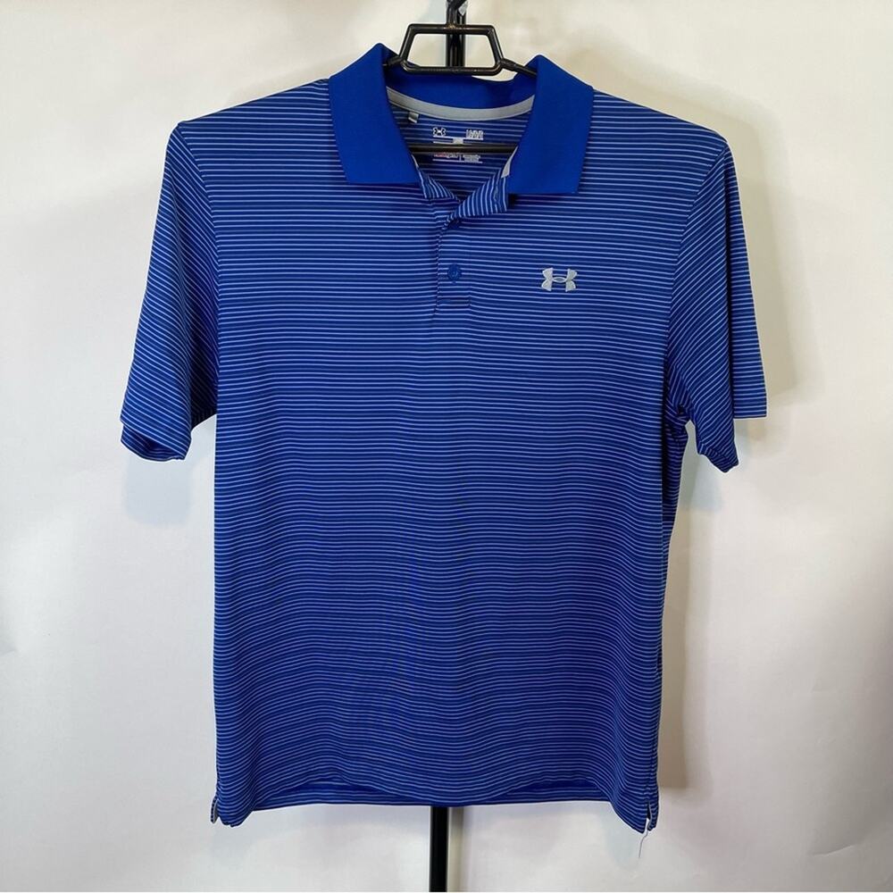 Under Armour Loose HeatGear Blue White Striped Polo Shirt Size Large Men’s